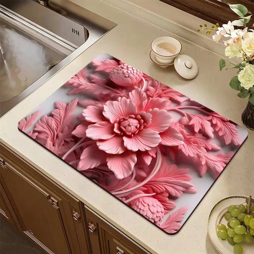 Colorful White Flower Drainage Mat, Blue and Red Center Floral Pattern, Non-Slip Silicone Kitchen Countertop Drying Pad