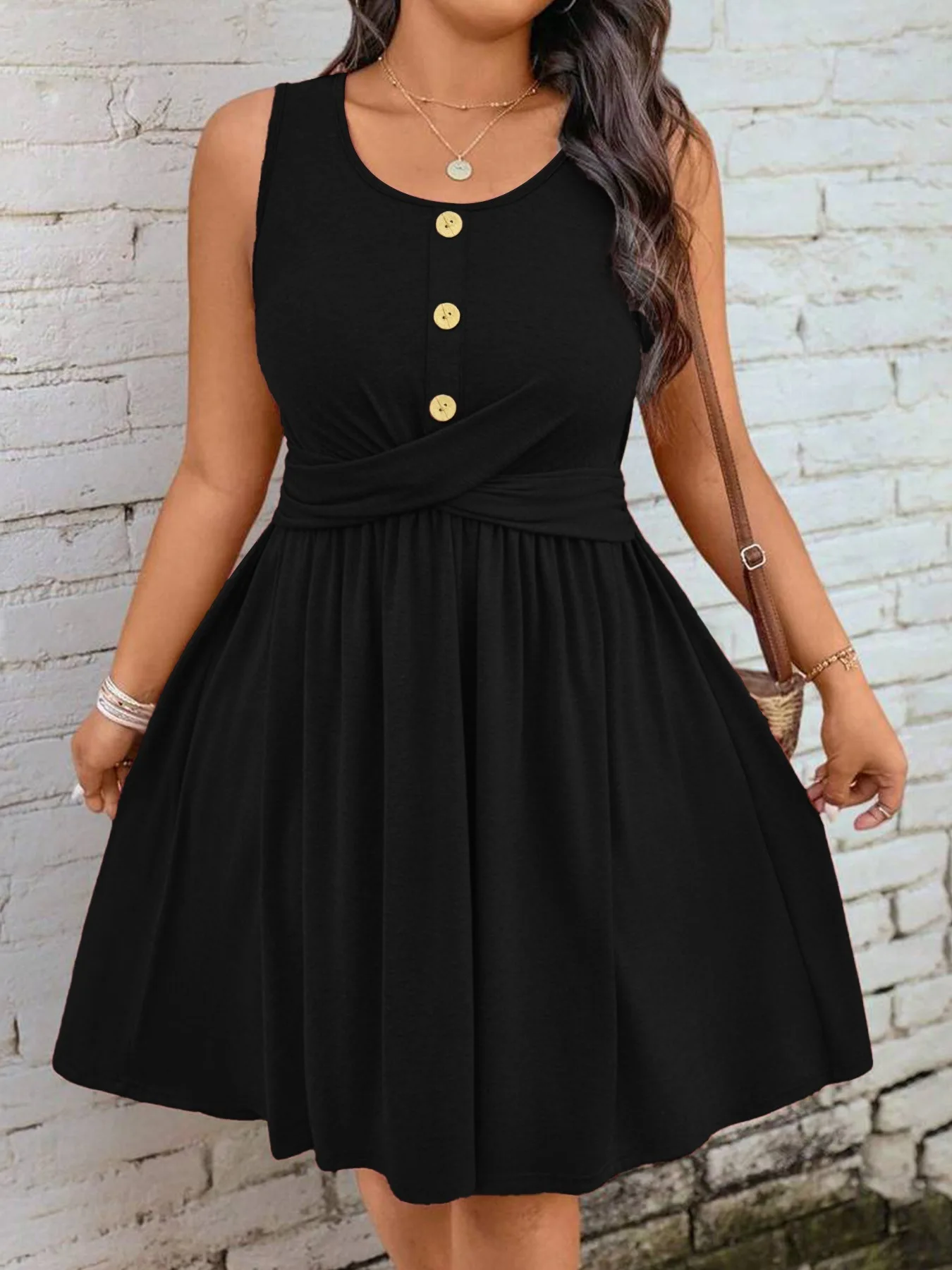 2025 New Large Women's Foreign Trade Button Women's Dress Simple Solid Color Explosive Fashion