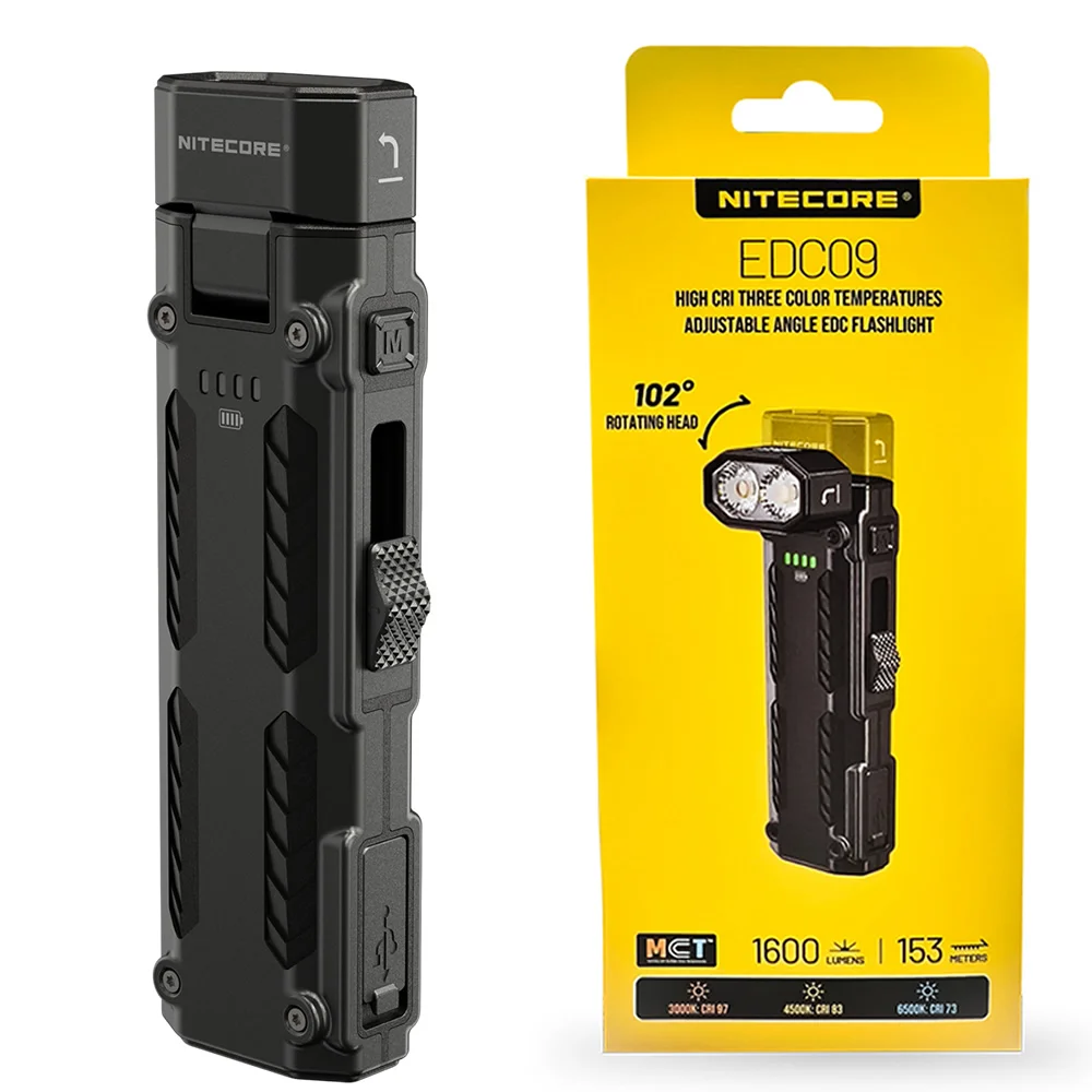 Original NITECORE EDC09 1600 Lumens High CRI 3 Color Temperatures LED Rotating Head Adjustable Angle Rechargeable EDC Flashlight