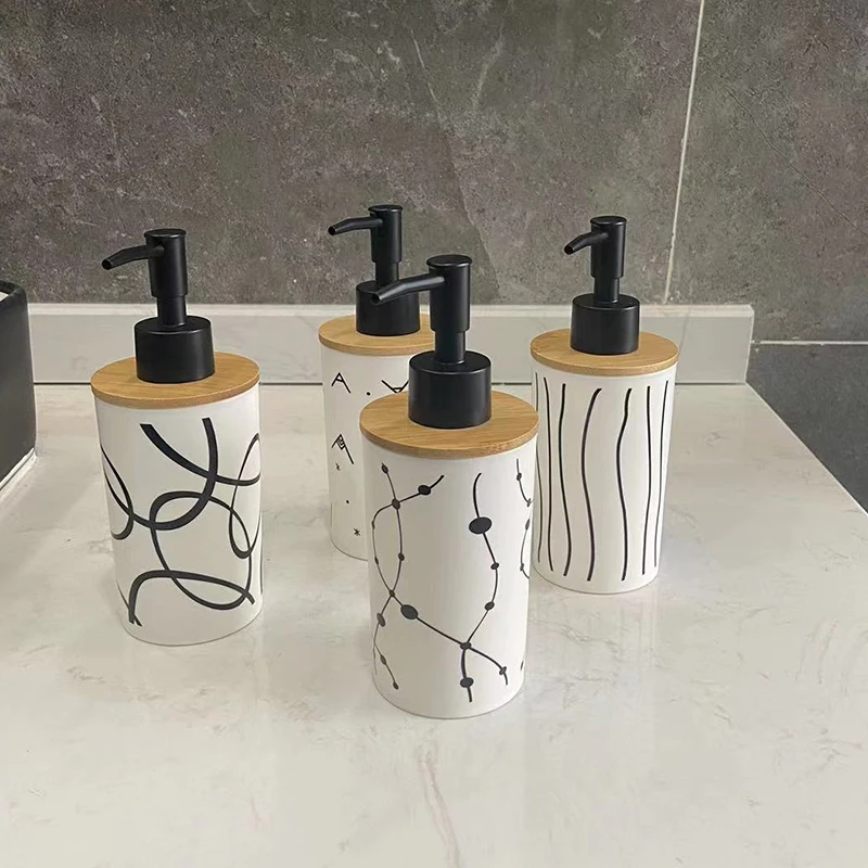 Plastic Liquid Soap Dispensers with Bamboo Cover, Hand Wash Bottle, Shower Gel Shampoo Bottles, Bathroom Accessories, 320ml