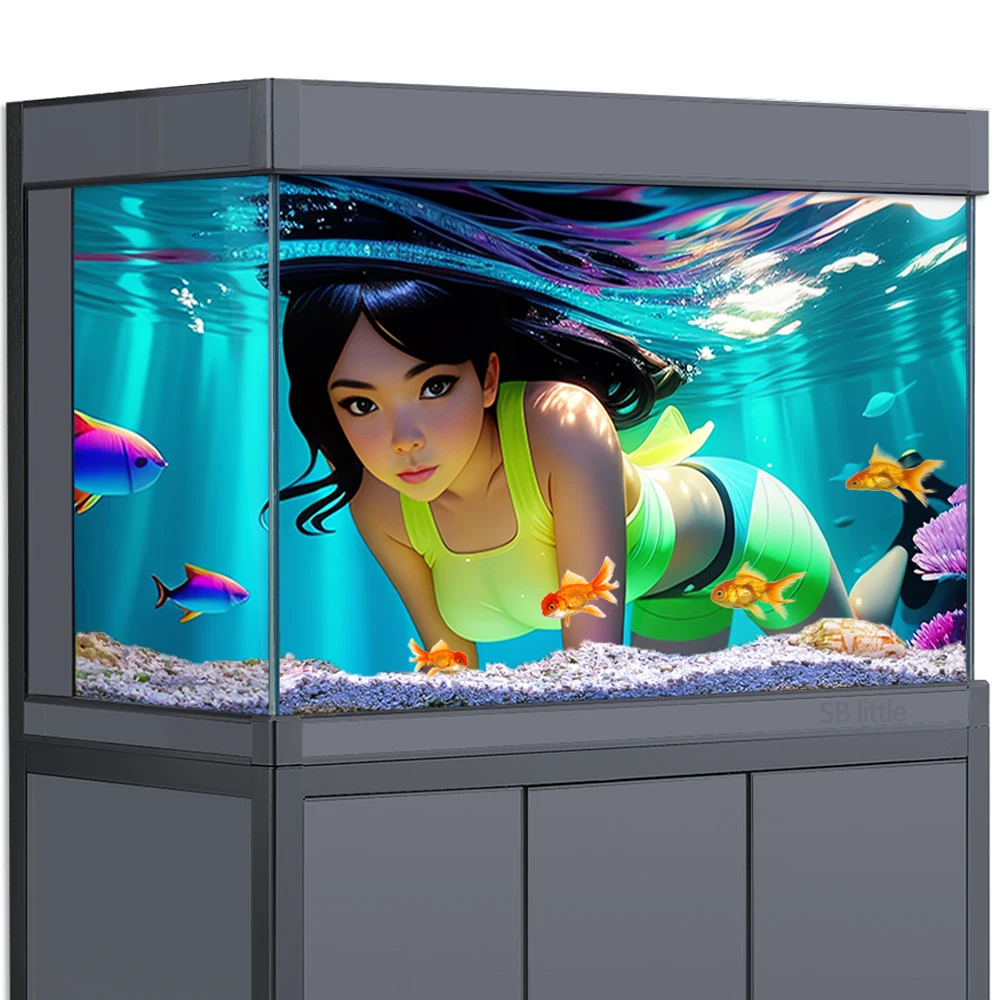 

Aquarium Background Sticker Decoration for Fish Tanks, Dive Underwater Anime Girl HD 3D Poster Self-Adhesive Waterproof