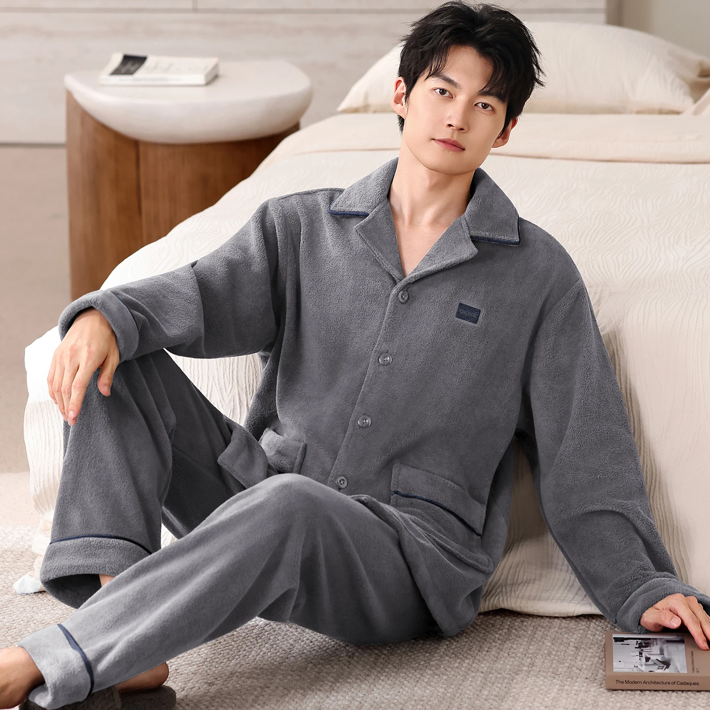 

Men's Autumn And Winter Thick Flannel Pajamas Sets Long Sleeve Fashion Style Solid Warm Plush Sleepwear Button Cardigan Pijamas