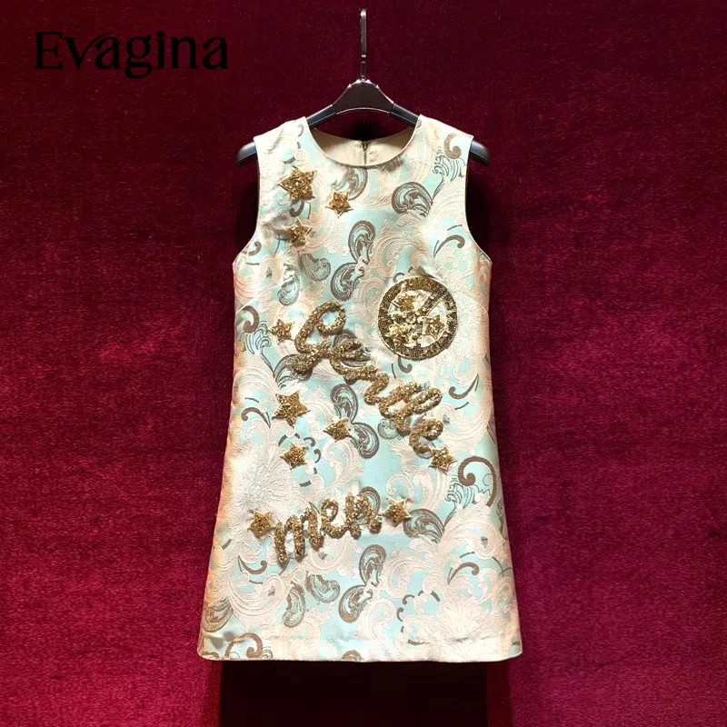 Evagina Fashion Sequins Embroidery Jacquard Mini dress 2023 Spring Summer New Women's Sleeveless Holiday Elegant Dresses