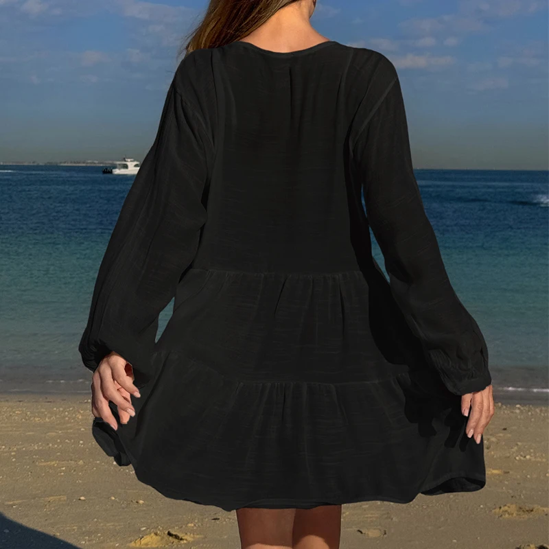 New Style Knitting Sexy Hollow Out Bikini Cover-Ups Women Beach Holiday See-Through Short Sleeve Loose Beachwear Sunscreen Smock