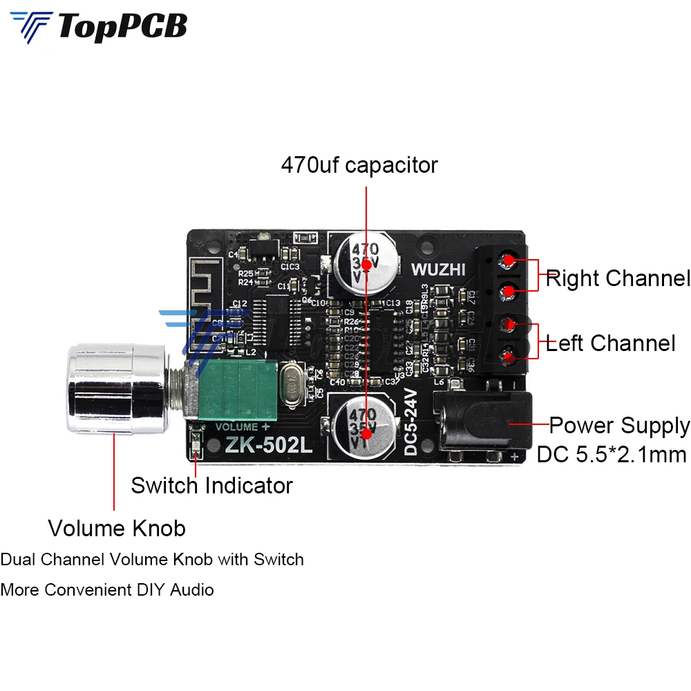 Mini Stereo Bluetooth 5.0 Digital Power Amplifier Board 2 Channel 50W*2 DC 5-24V Sound Audio Amplifier for Speaker Subwoofer