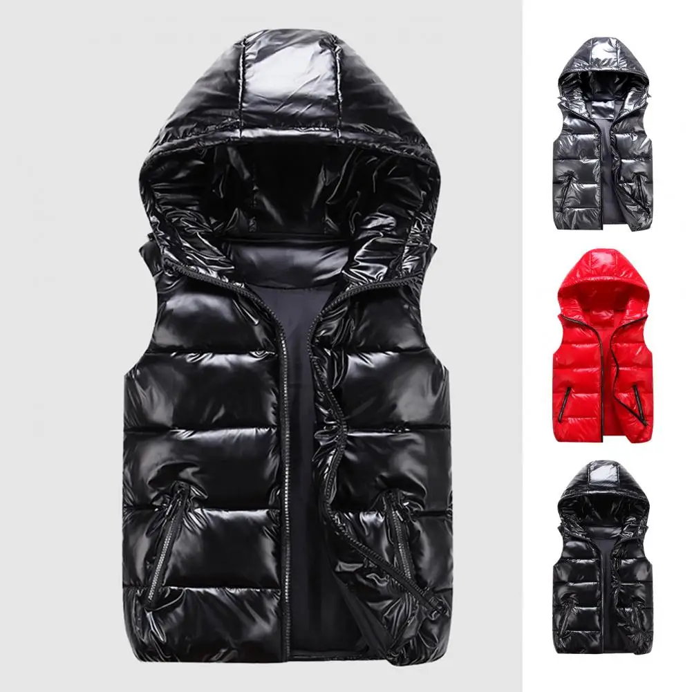 

Men Cotton Vest Autumn Winter Hooded Sleeveless Zipper Placket Jacket with Pockets Solid Color Glossy Finish Down Quilted Vest C