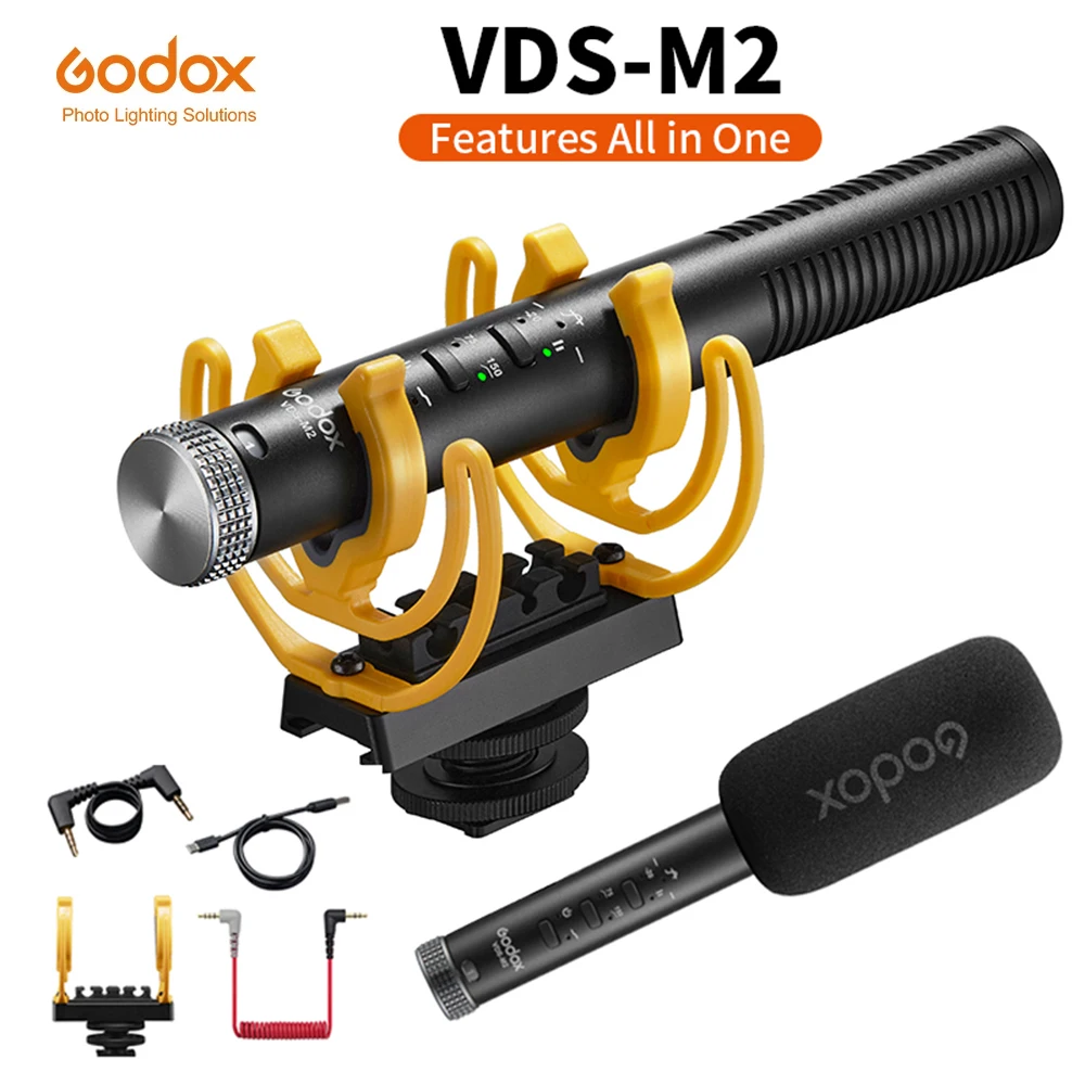 Godox-VDS-M2 Microfone Condensador Hipercardióide, Tipo USB, Jack de 3,5mm, Tripé para PC, Telefone, Câmeras, Estúdio, Áudio Pro Portátil