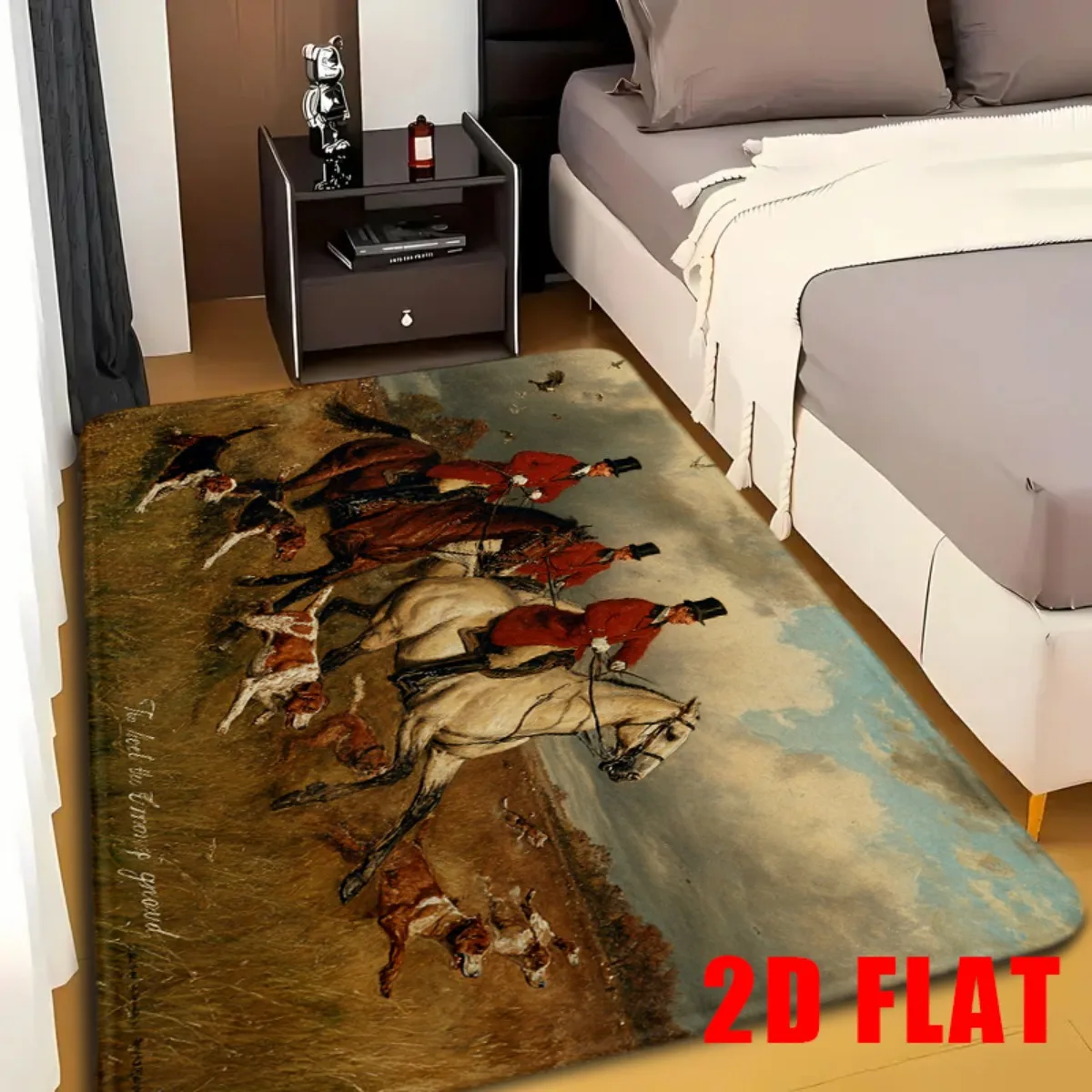 2D Flat, 2D Flat Mat, 1pc Elegant Fox Hunt  Floor Mat with Vintage Equestrian Scene and Hounds, Non-Slip & Machine Washable, P