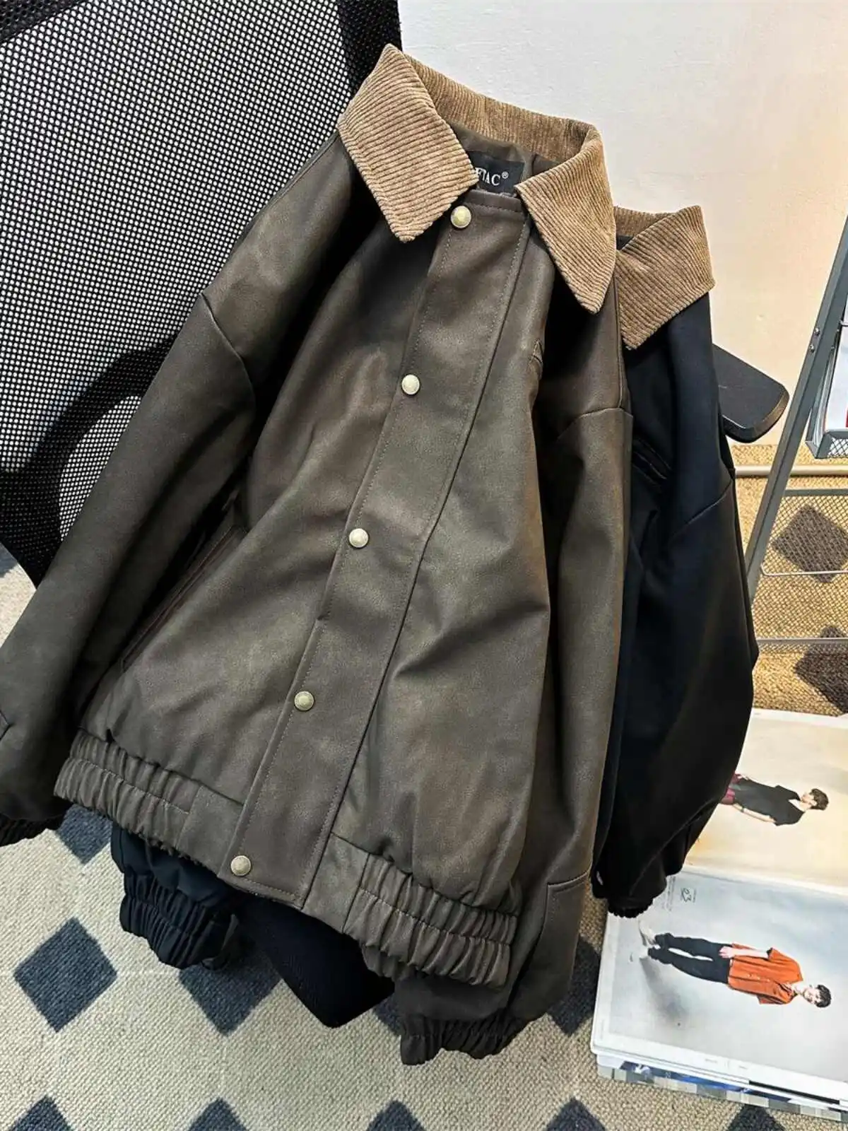 Giacca bomber in pelle caffè da donna Giacca da baseball vintage Harajuku anni 2000 Giacca autunnale a maniche lunghe estetica Capispalla