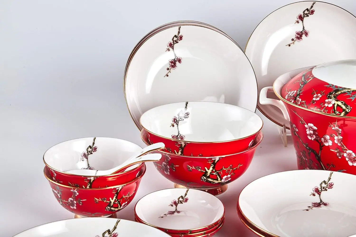 Fine Bone China, 48-Pieces Banquet Dinnerware Set Royal Red