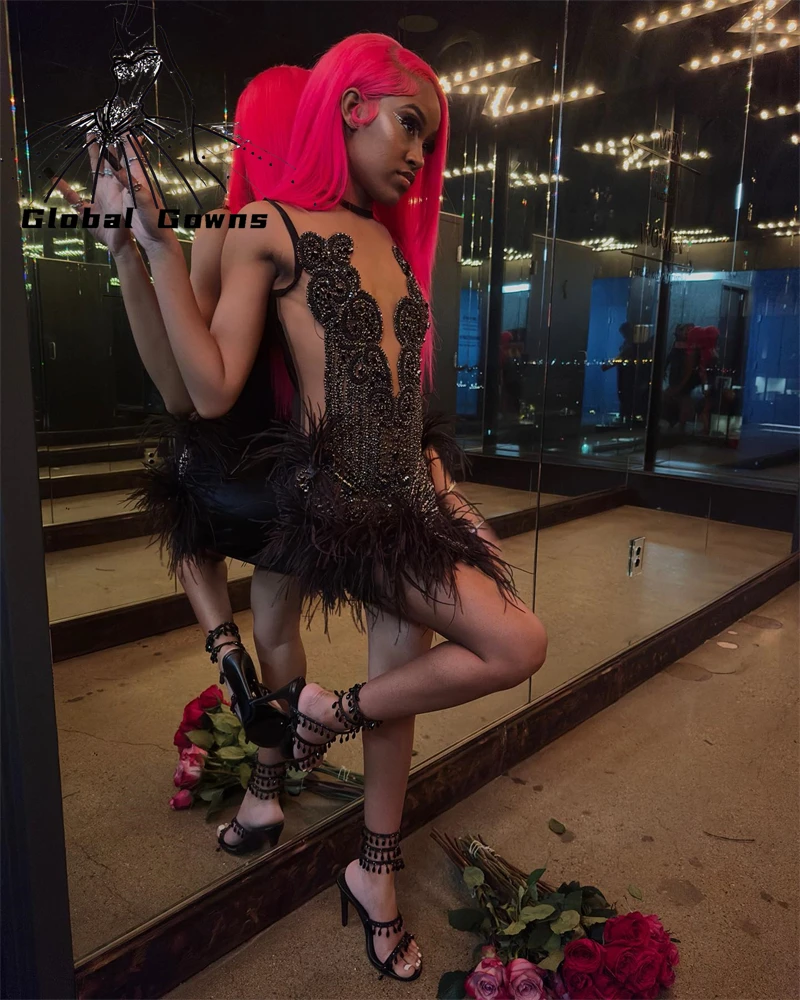 

Stunning Black Short Prom Dresses Luxury Bead Crystals Women Feathers Birthday Cocktail Dress Black Girl Customized