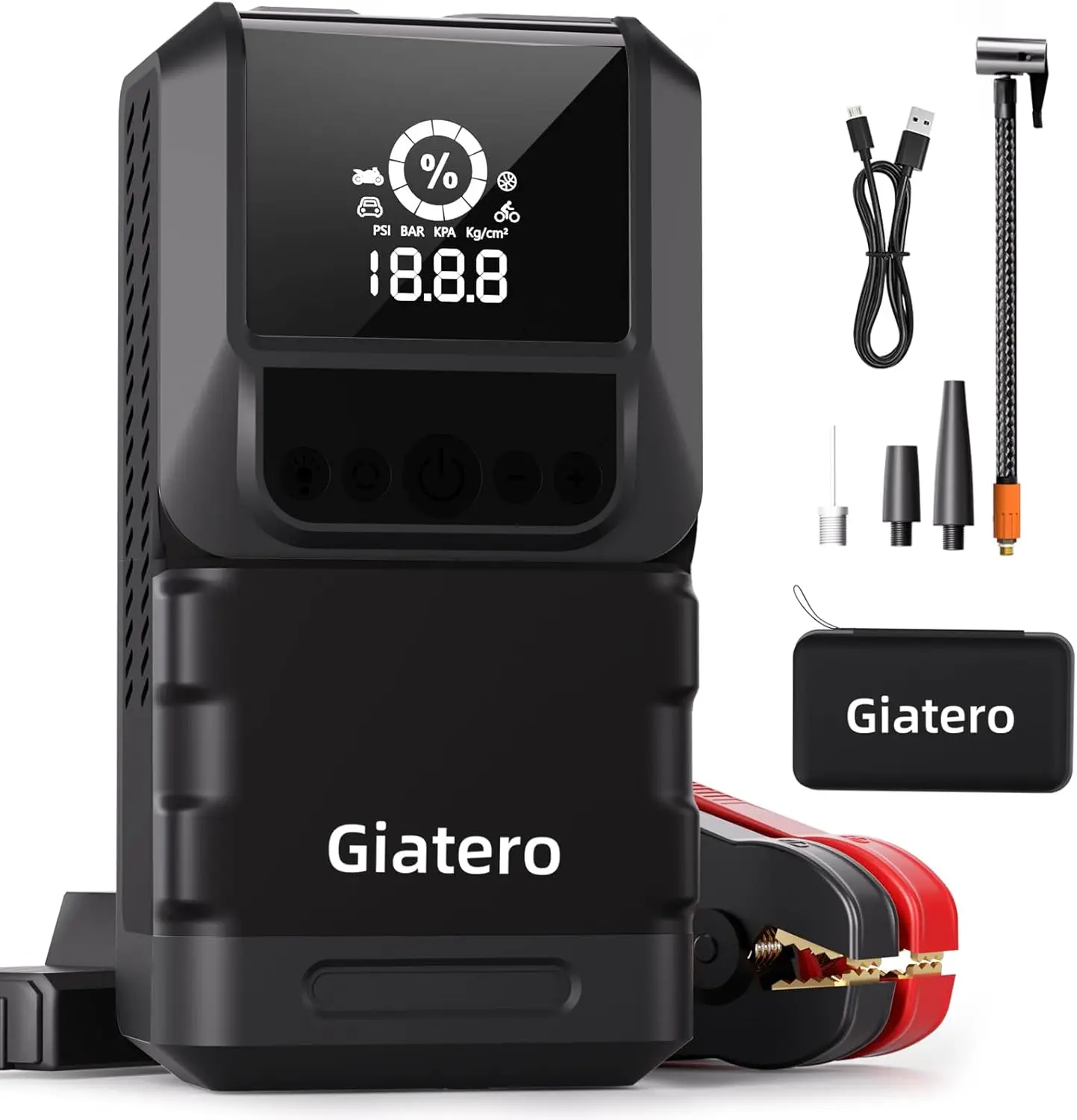 

Портативное пусковое устройство для автомобиля с воздушным компрессором 150PSI, 12В, повербанк для бензиновых/дизельных двигателей, фонарик и ЖК-дисплей