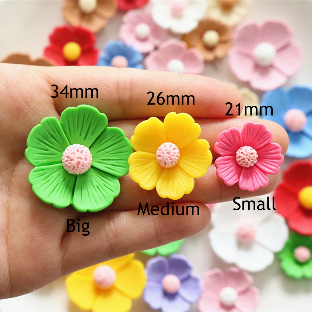 Cabochões de resina com parte traseira plana em miniatura, flor de cinco pétalas de 21mm-34mm para grampo de cabelo, scrapbooking, decoração de casa diy, acessórios de artesanato com 10 peças