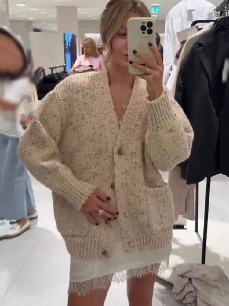 

HH Female Autumn Casual Loose Cardigans Solid V-Neck Pockets Single Breasted Women's New Fashion Long Sleeve Knitting Coats