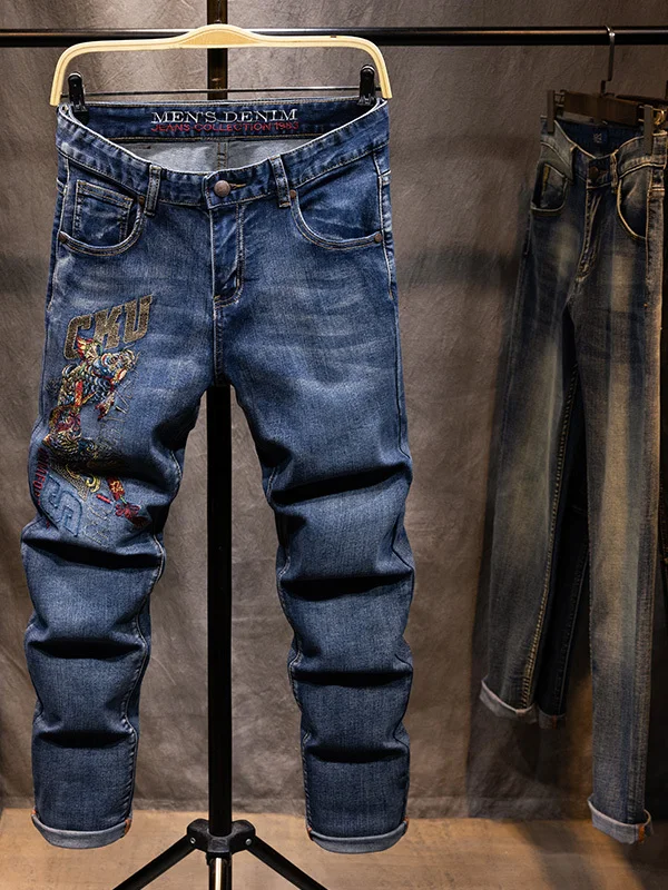 

Ele Embroidered Slim Fit Straight Leg Men's Jeans Elastic Casual Blue Denim mid Waist hine Stitched Youth Wear