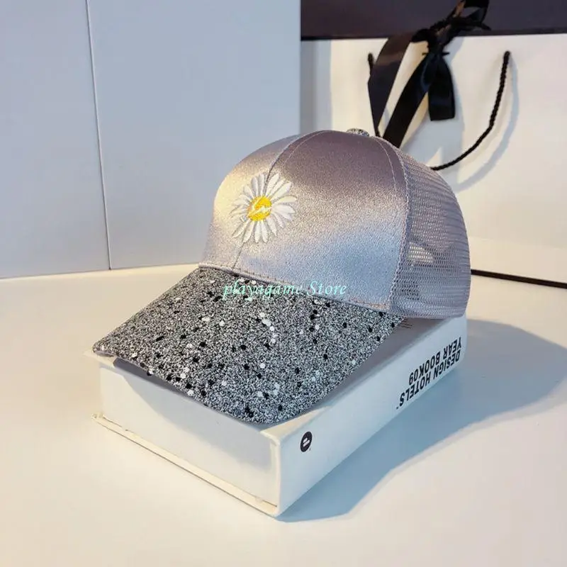 Y88A Dames Mesh Back Pailletten Vizier Baseball Cap Letter Borduren voor