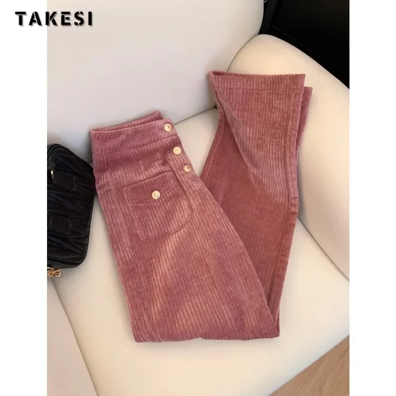 2023 Winter Vintage Casual Style High Waist Wide Leg Straight Pants Women's Fashion Solid Color Pockets Full Length Trousers