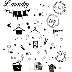 4pcs Laundry Room Vinyl Wall Decals Wash Dry Quote Washing Machine Dryer Wall Stickers Self-Adhesive Peel and Stick Decoration