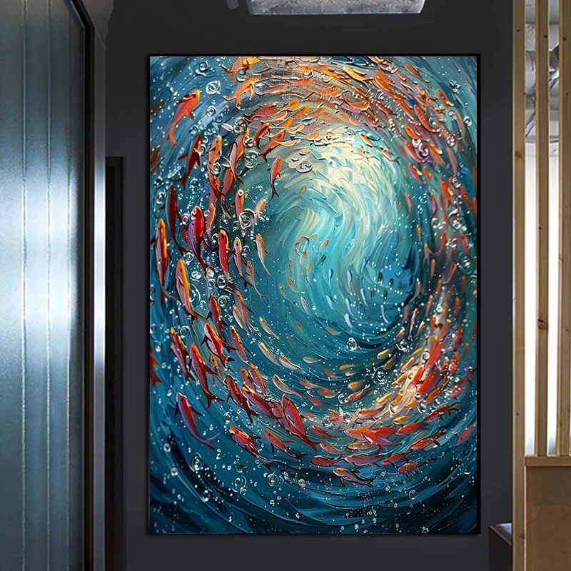 Abstract Underwater School of Fish Oil Posters Turquoise Water Modern Prints Canvas Painting Wall Picture Home Living Room De