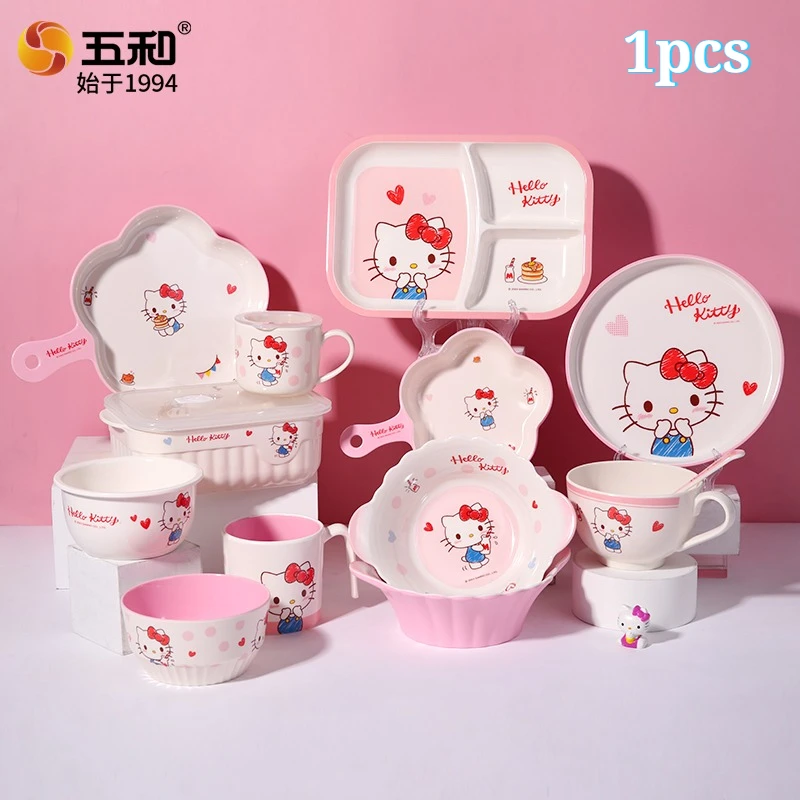 Hello Kitty Children tableware Cartoon Dinner plate Safe and Heat-Resistant Rice Bowl Cute Water cup Spoon Food-grade tableware view 3