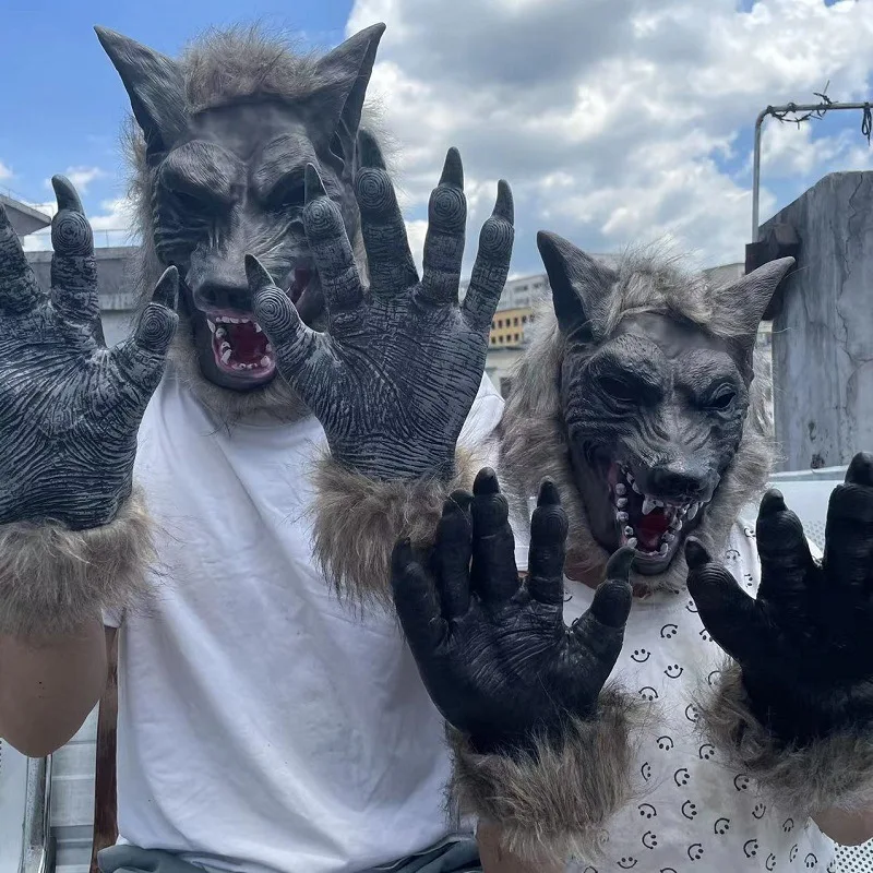 1 Set Halloween Latex Rubber Wolf Head Mask, Werewolf Gloves Costume Party Scary Decor Costume