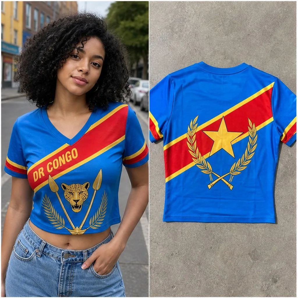 Womens DR Congo V Neck Short Sleeve Crop Top Leopard Spear Laurel Star Print Casual Summer Shirt for Street Travel Daily Outfits