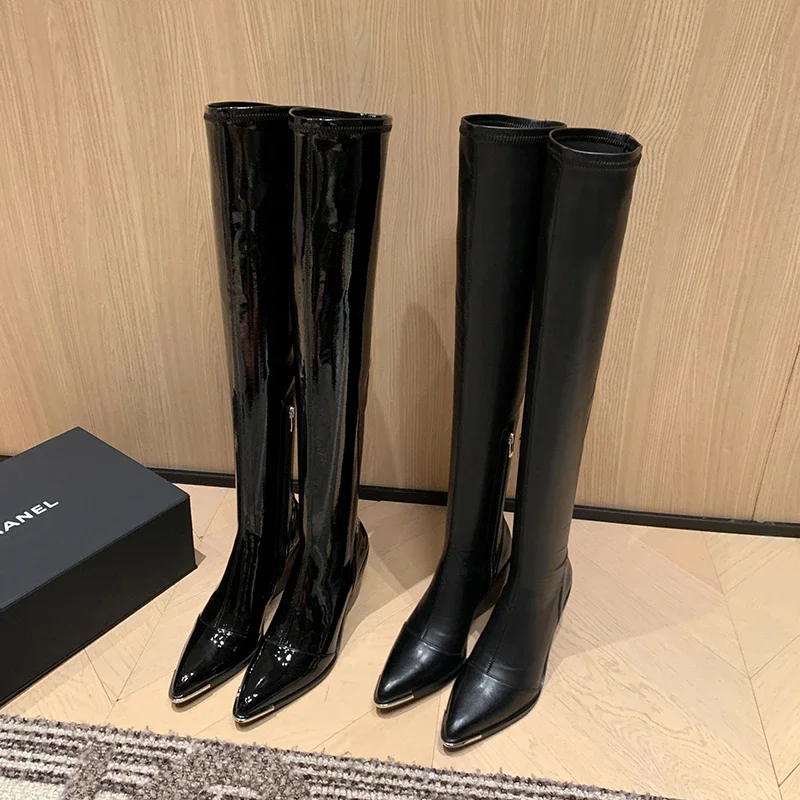 Sexy Pointed Glossy Over-The-Knee Boots Retro Metal Iron Head Square Heel Heel Heightened And Thin Zipper Women's Boots