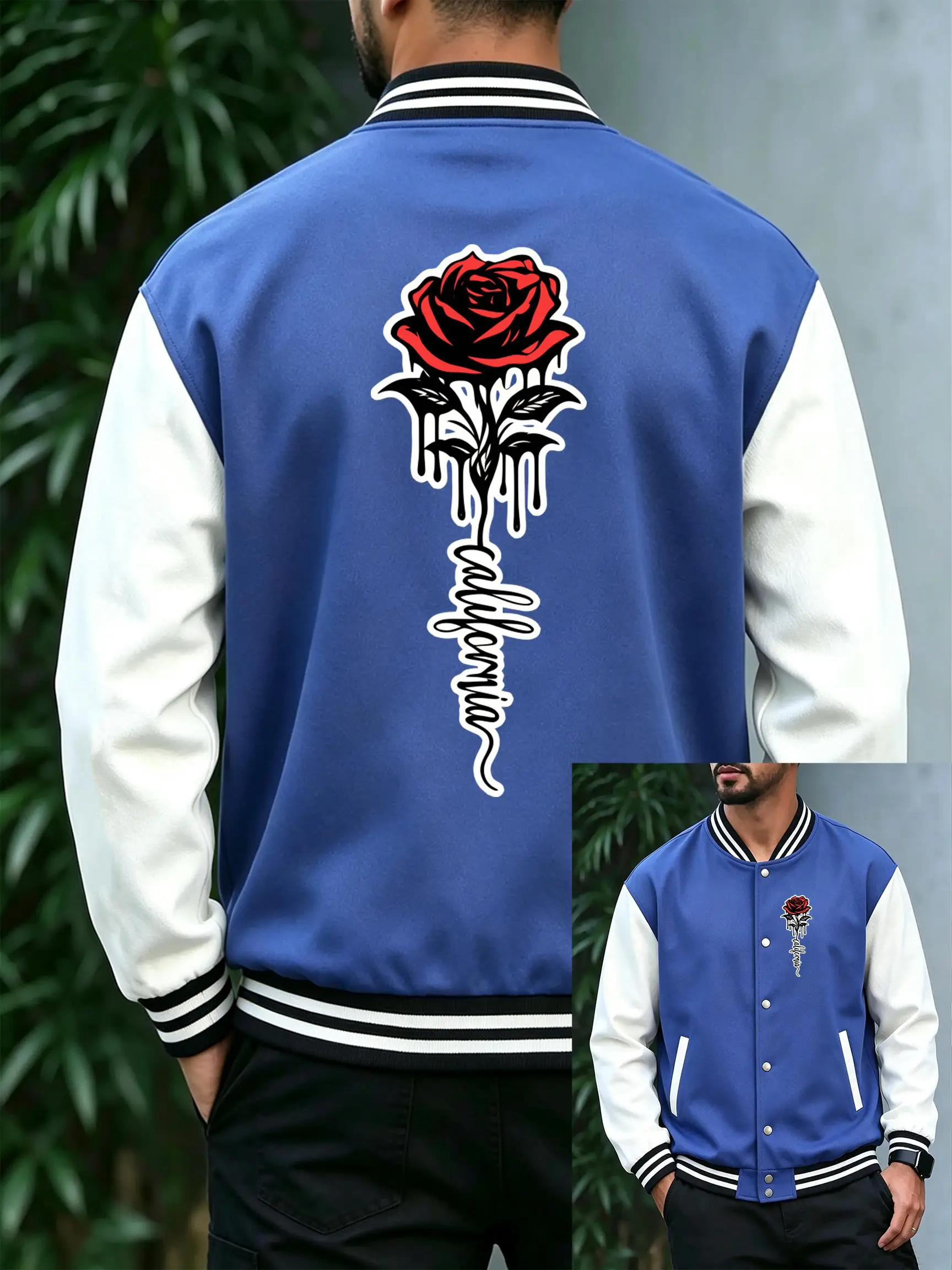 California Beatiful Rose Printing Men'S Baseball Uniform Sport Loose Streetwear Soft Cotton Clothes Autumn Button Male Jacket
