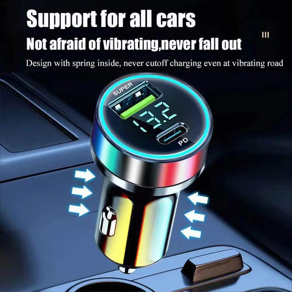 PD20W Car Phone Charger 12-24V Digital Display Super Fast Charging Car Mobile Phone Charger Metal Car Accessories