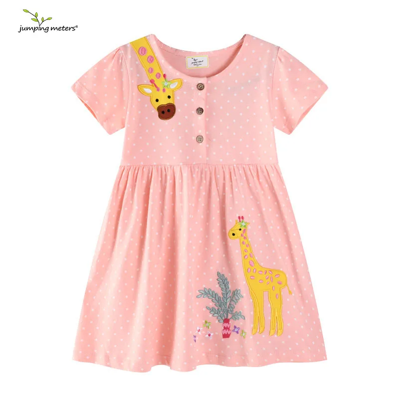 Summer Girls Dress Jumping Meters 2-7T Giraffe Embroidery Dot Cotton Short Sleeve Buttons Party Children's Clothes Frocks