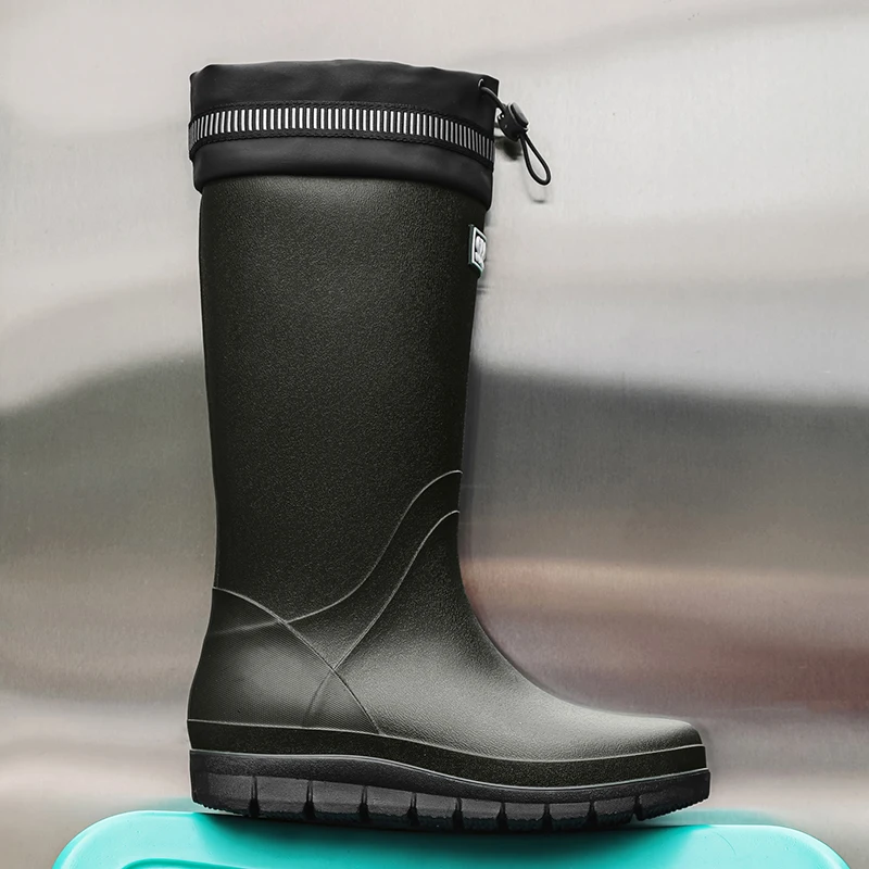 German Style Men's Rain Boots Lightweight Anti-Slip Tying Mouth Waterproof Work Boots Easy to Wear Flat Heel Plastic Sole