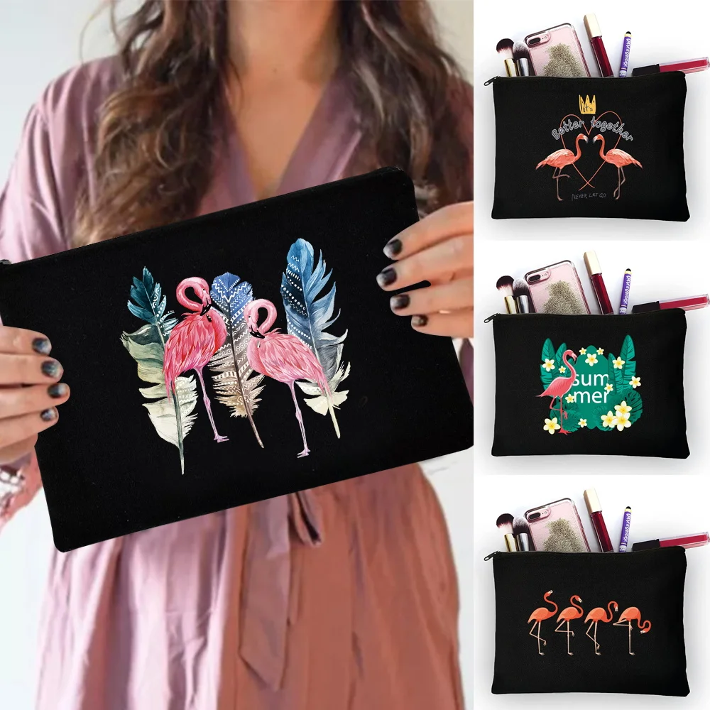 Black Canvas Zip Storage Pouch Featuring Flamingo Print Soft Cosmetic Bag for Daily Travel Organizing