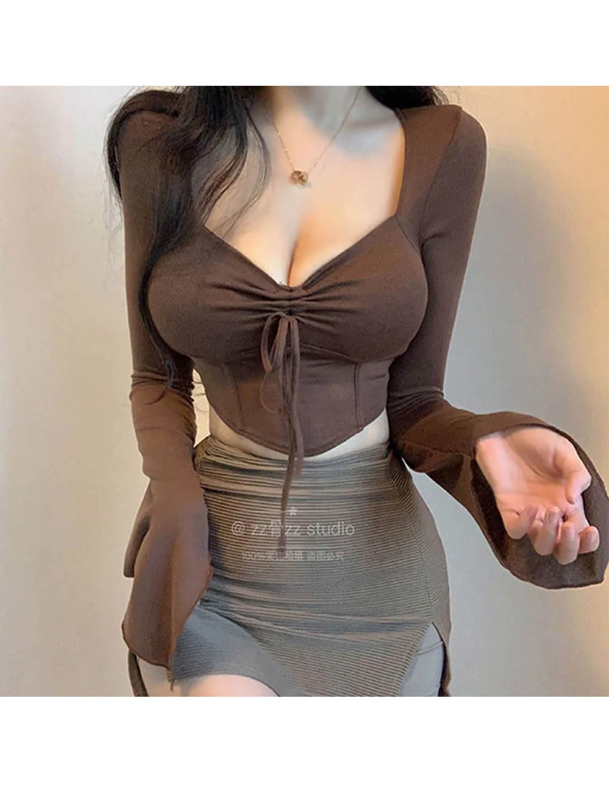 New French Sweet Spicy Lace Up Flare Sleeves Mature Pure Desire Irregular Long Sleeved T-shirt Sweet Tops Tees MD37