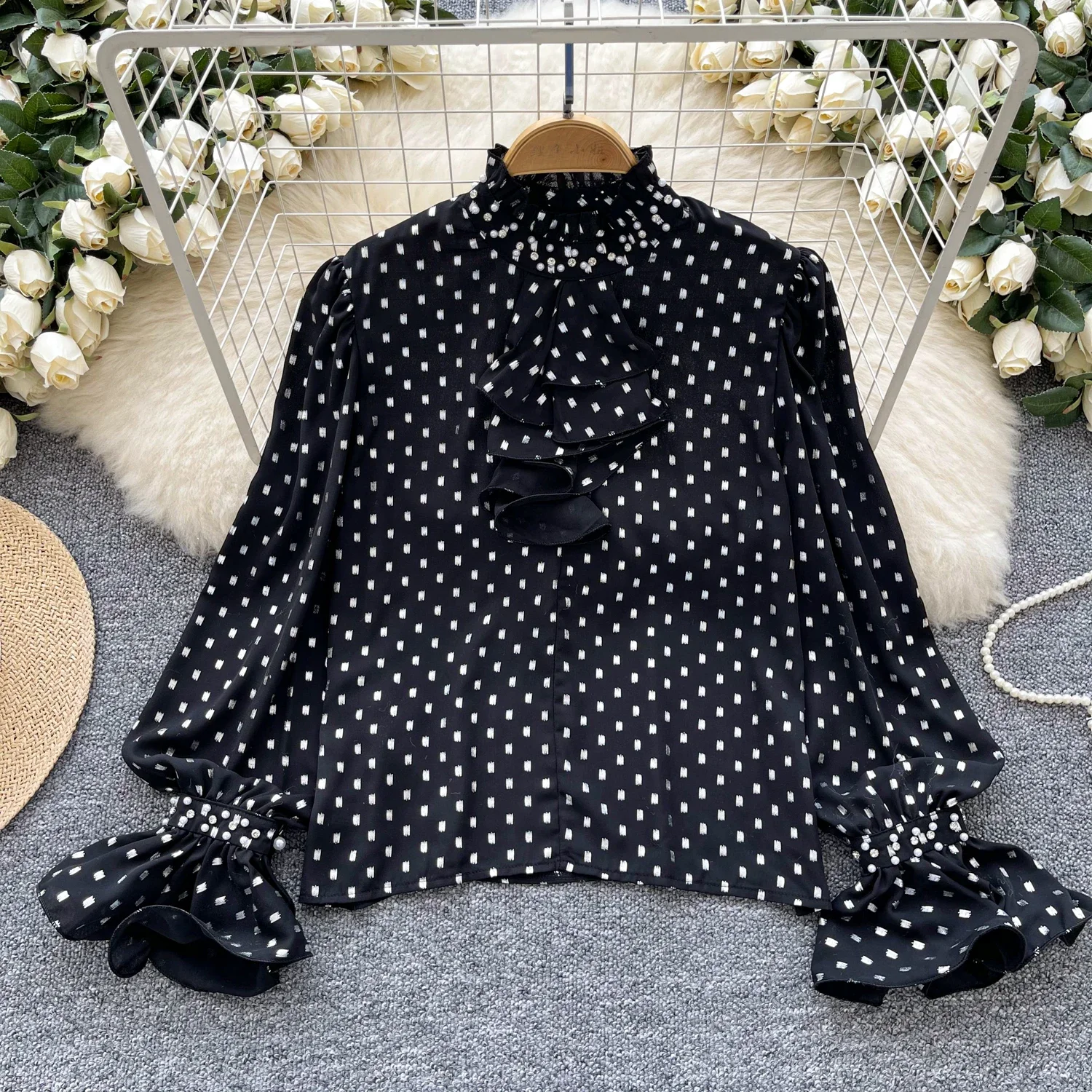 Vintage Stand Neck Long Butterfly Sleeve Chic Dot Print Loose Rhinestone Top French Streetwear Women High Street Autumn Blouse