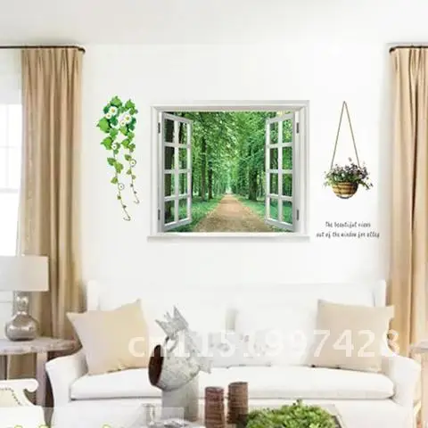 Forest style bedroom living room background removable decoration diy decals art 3D stickers false windows landscape wall sticker