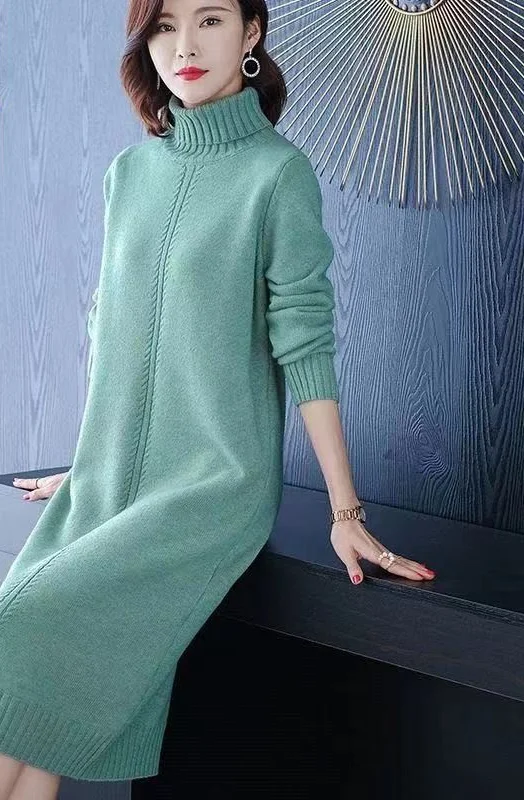 Cashmere Turtleneck 2024 Autumn and Winter Bottom Dress Loose Pullover Embroidery Ethnic Style Long Sleeved Sweater Dress LU498