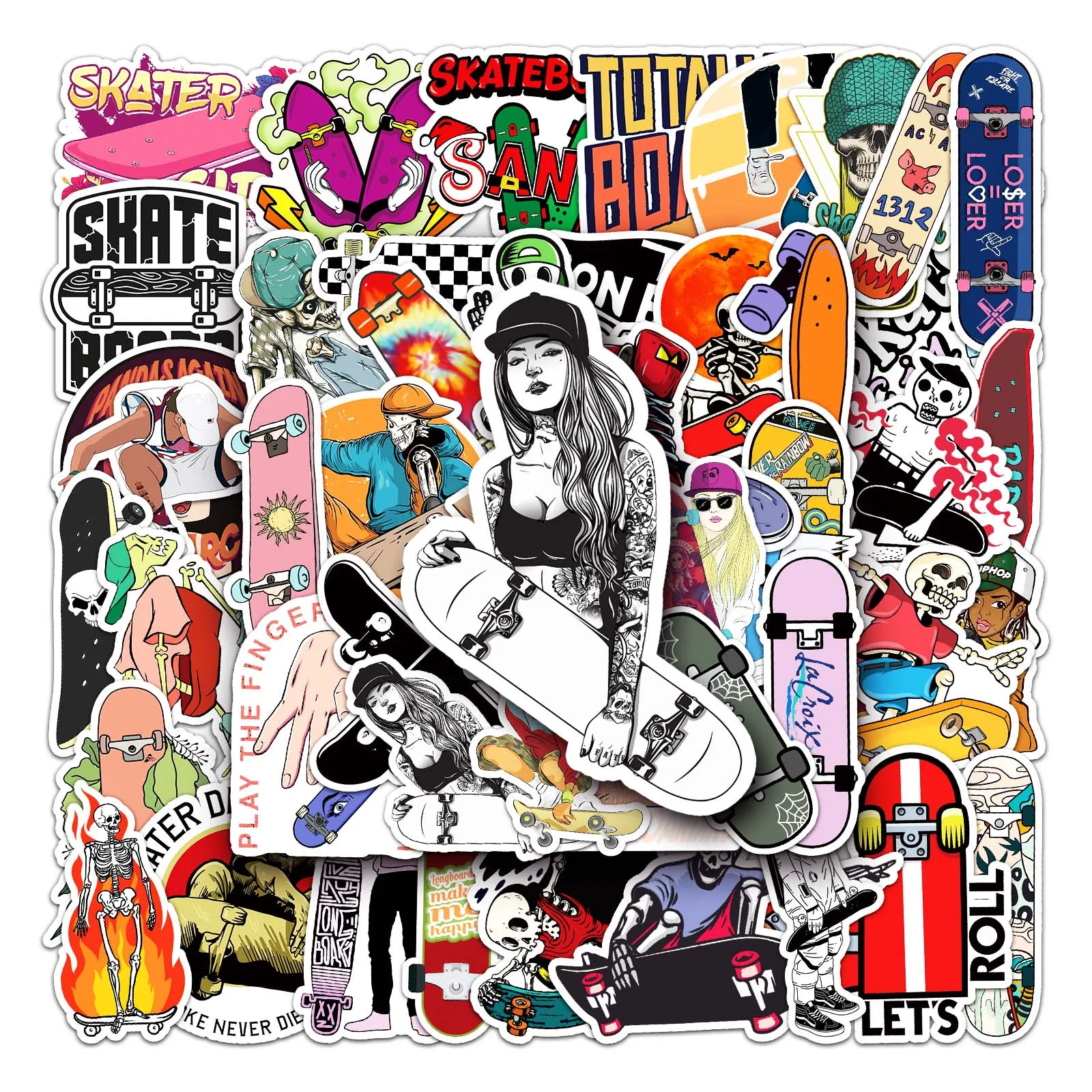 50Pcs Skateboard series Cartoon Cute Waterproof Sticker Skateboarding Snowboard Retro Vinyl Sticker