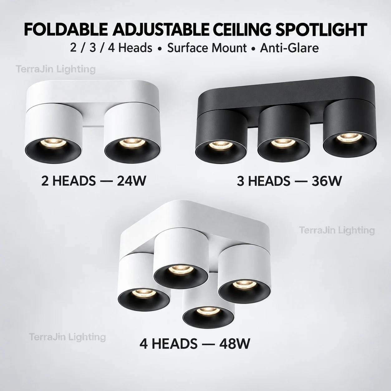 COB Foldable Rotatable Multi Head Surface Spotlight, Anti Glare No Cutout Ceiling Light for Living Room Shop Gallery