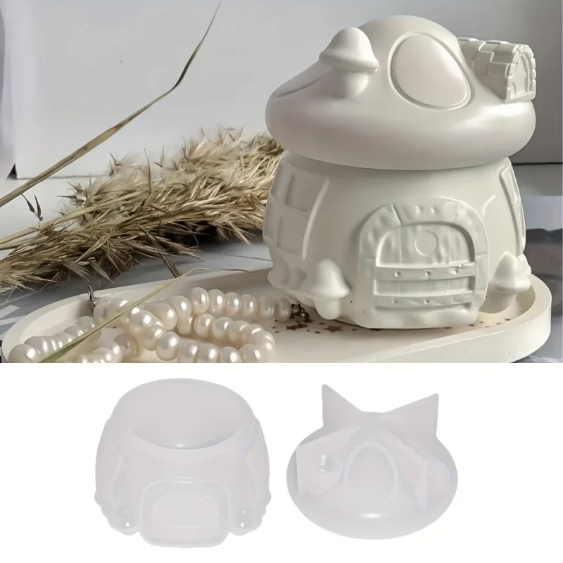 1 Set3D-Pilzhaus-Silikonform mit Deckel, Silikon-Pilzform für Epoxidharz, Gips, Beton und Zementguss, für D