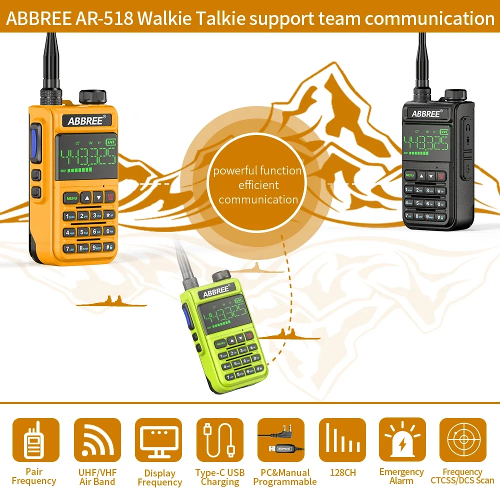 2 szt. ABBREE AR-518 Ham Walkie Talkie Bezprzewodowe Kopiowanie Częstotliwości Pasmo Lotnicze Pełny Pas Rozszerzony Wbudowany Wyświetlacz VOX SOS z Ładowaniem USB Typu C