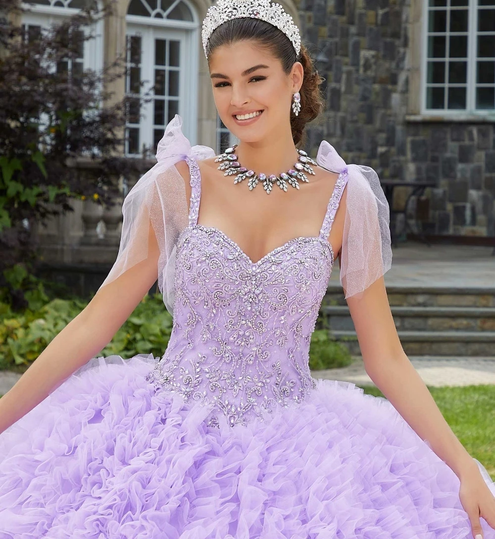 EVLAST-vestido de quinceañera lila con volantes, tul, lentejuelas de cristal, tirantes de lazo, dulce 16, Para XV Años, TQD120