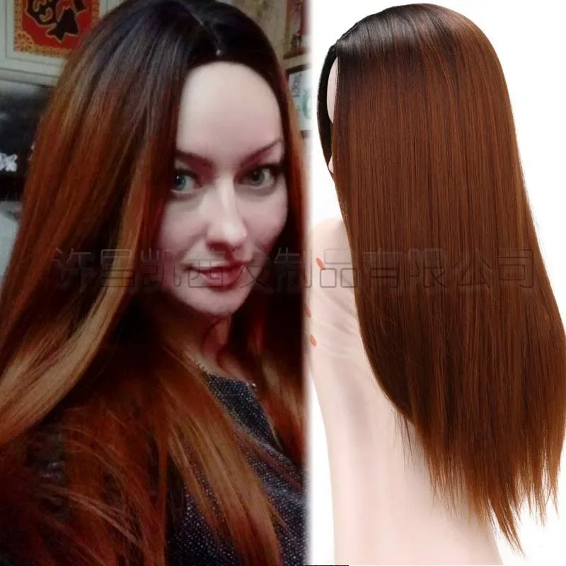 Wig, European and American women's long gradual change of color medium length straight hair chemical fiber rose mesh headgear