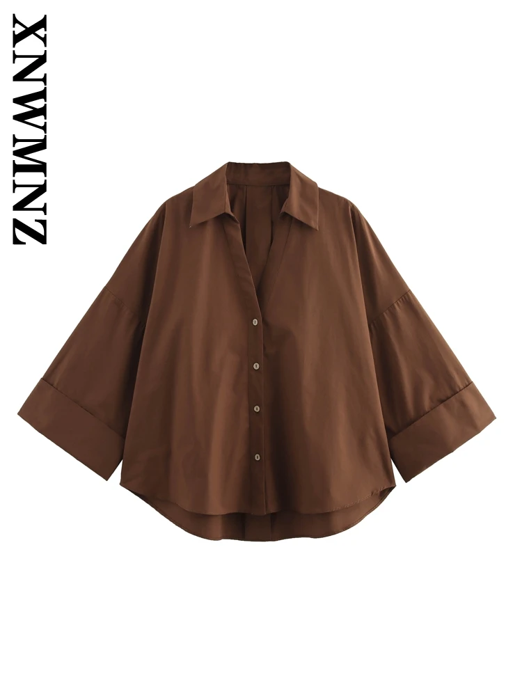 

XNWMNZ 2025 Spring New Female Fashion Satin Outerwear Top Edgy Woman Long Sleeve Coat Ruffles Loose Fit Turn-down Collar Shirt
