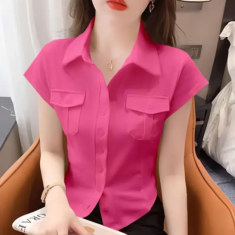 

Women's Shirt Korean Cotton Summer Trend All-match Buttons Solid Color Turn-down Collar Short Sleeve Blouse Ladies Fashion Slim