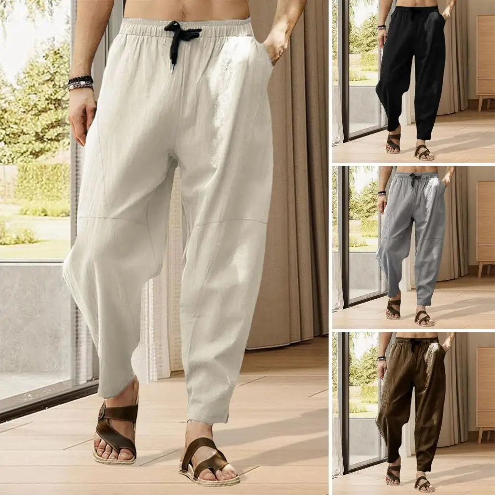 

Casual Lightweight Spring Summer Men Joggers Pants Solid Color Drawstring Summer Loose Mid Rise Pockets Trousers for Daily Wear