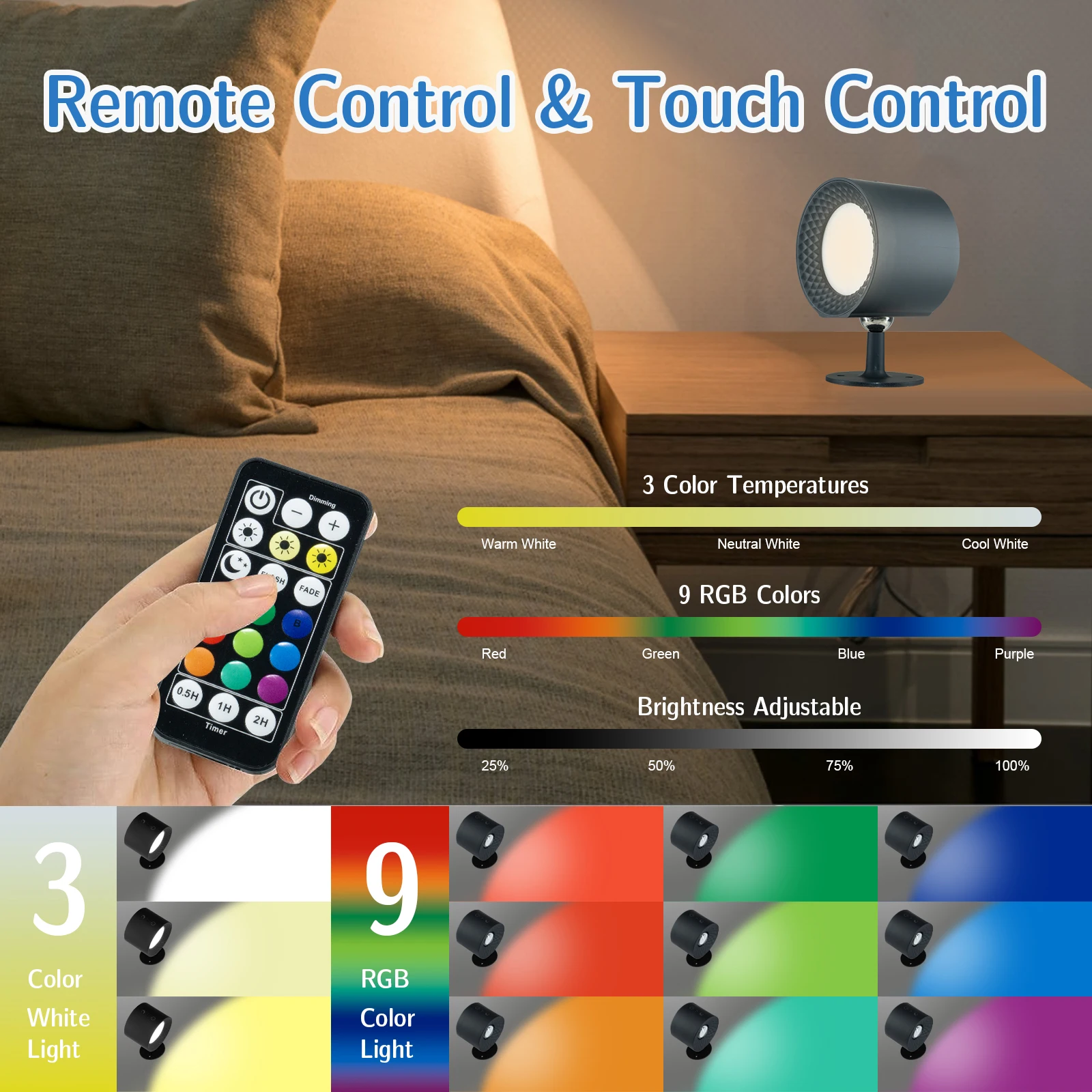 Rechargeable Battery Operated Wall Sconces/Lights with Remote and Touch Control, RGB Magnetic Wall Mounted Lamp for Bedroom/Read