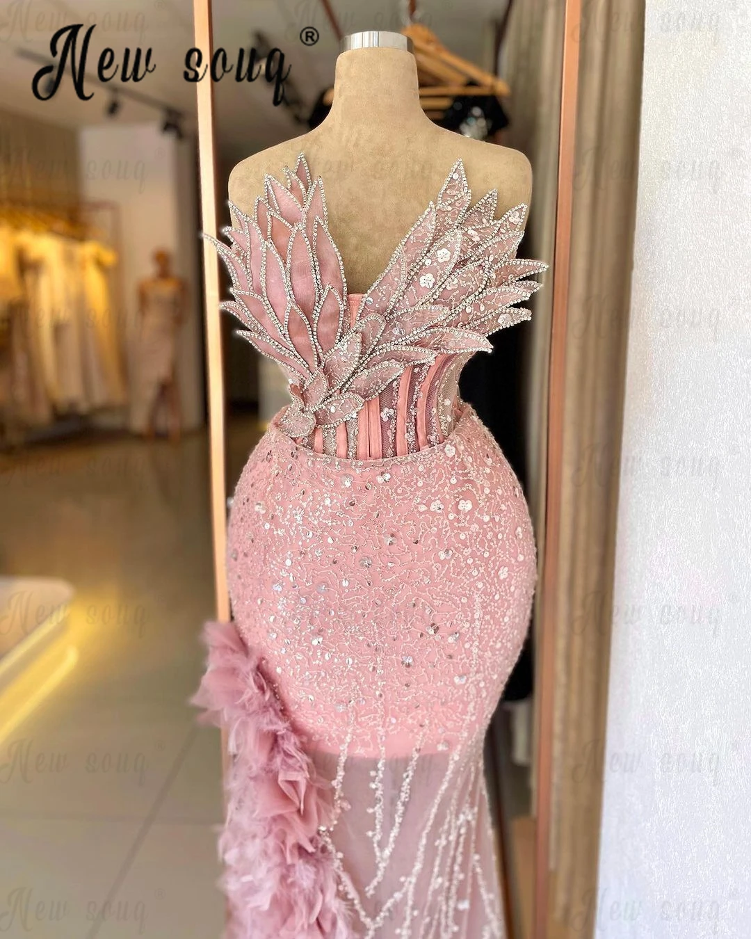 Fashion Sequins Pink Evening Dress Two Colors Purple Feather Leaf Designs Wedding Dinner Night Gowns Midi Long Cocktail Dresses