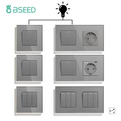 BSEED 1/2/3Gang interruttori a parete interruttore a pulsante meccanico Plus EU Type-c prese USB 2 vie per scale camera da letto telai in vetro grigio