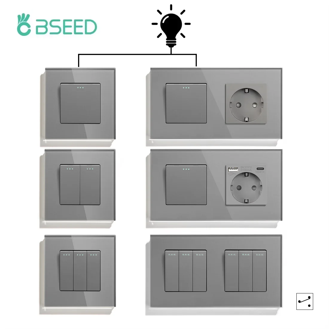 BSEED 1/2/3Gang Wall Switches Mechanical Button Switch Plus EU Type-c USB Sockets 2Way For Stairs Bedroom Glass Frames Gray