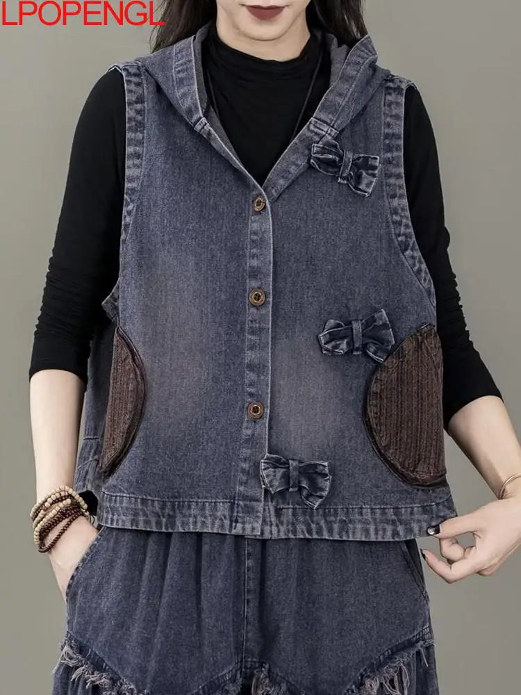 

Fashion Ethnic Style Autumn Literary Retro Versatile Loose Casual Hooded Sleeveless Denim Vest Women's Single Breasted Outerwear